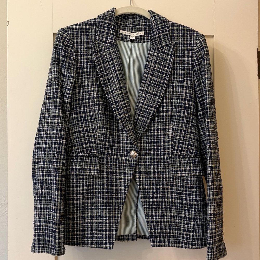 Veronica Beard Ada Cutaway Dickey Blazer Tweed Jacket in Navy Blue Multi Size 6